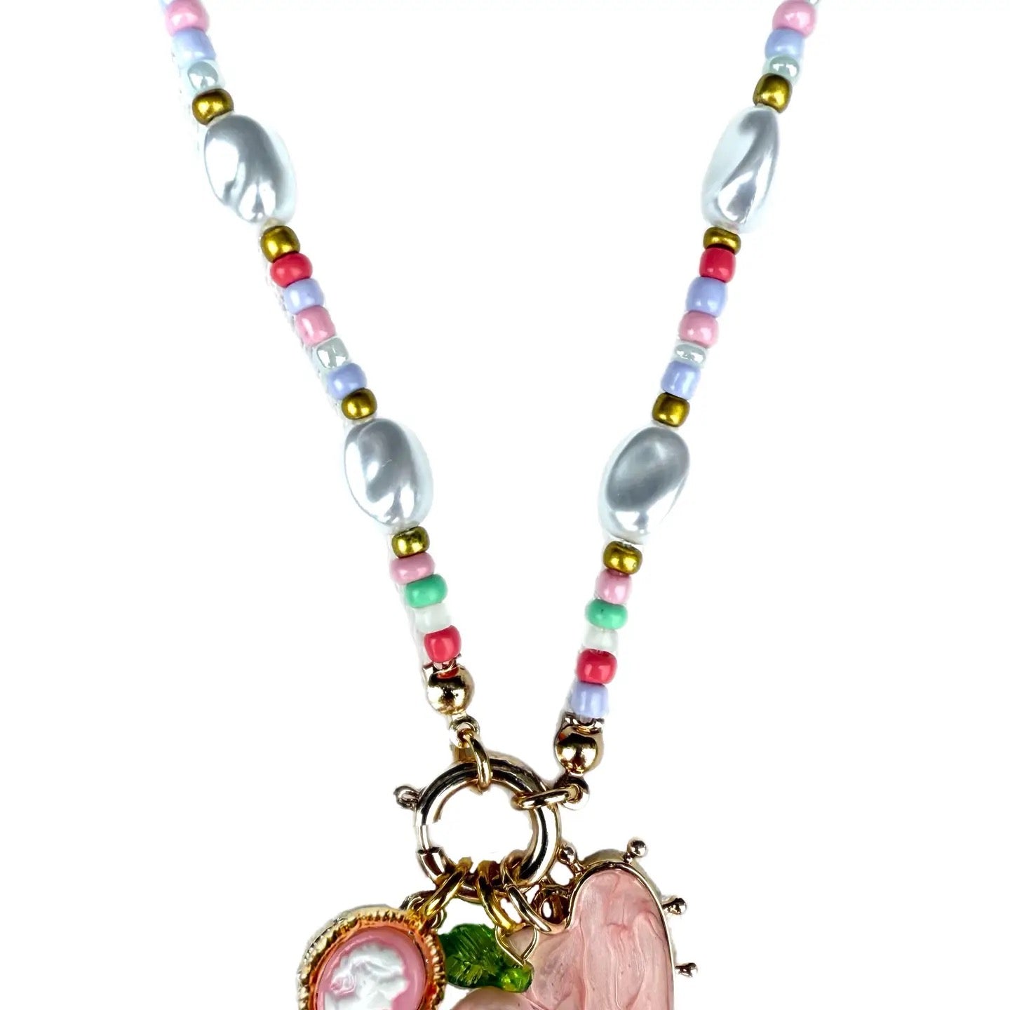 Beaded Pearl Floral Heart Necklace