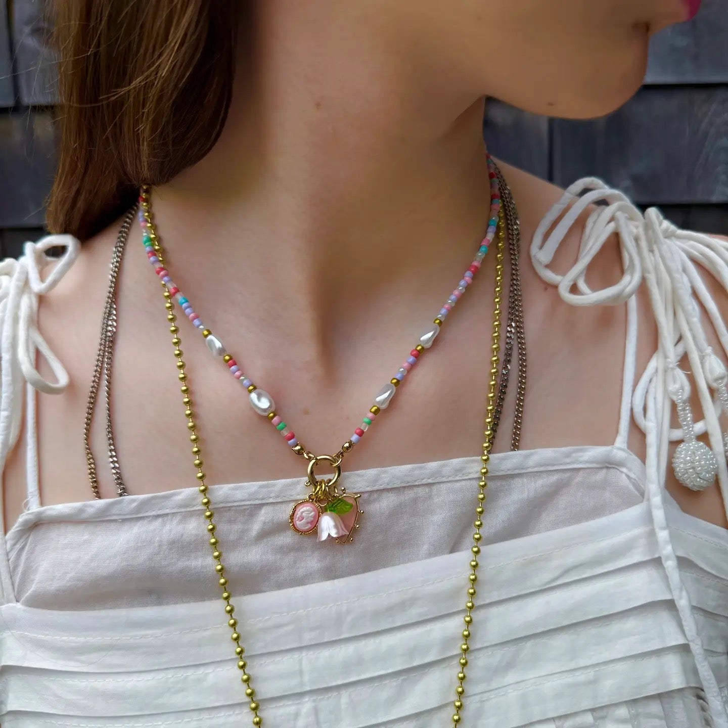 Beaded Pearl Floral Heart Necklace