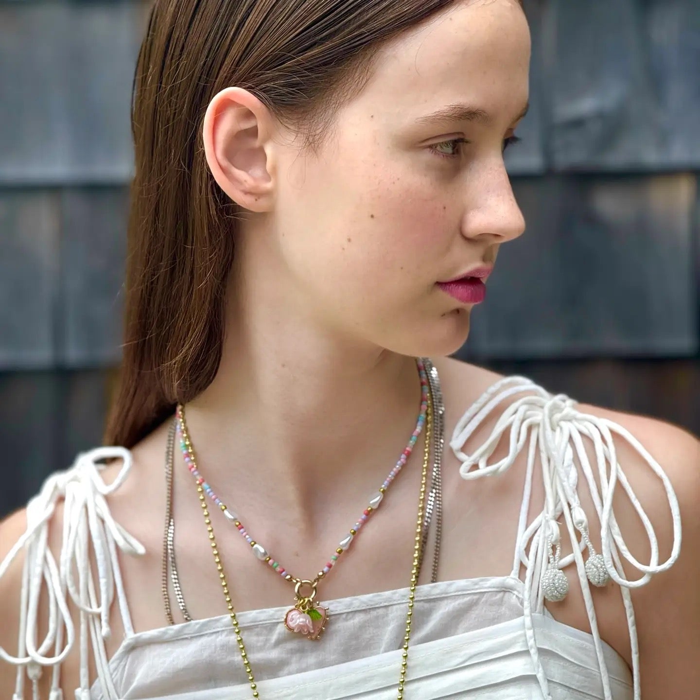 Beaded Pearl Floral Heart Necklace