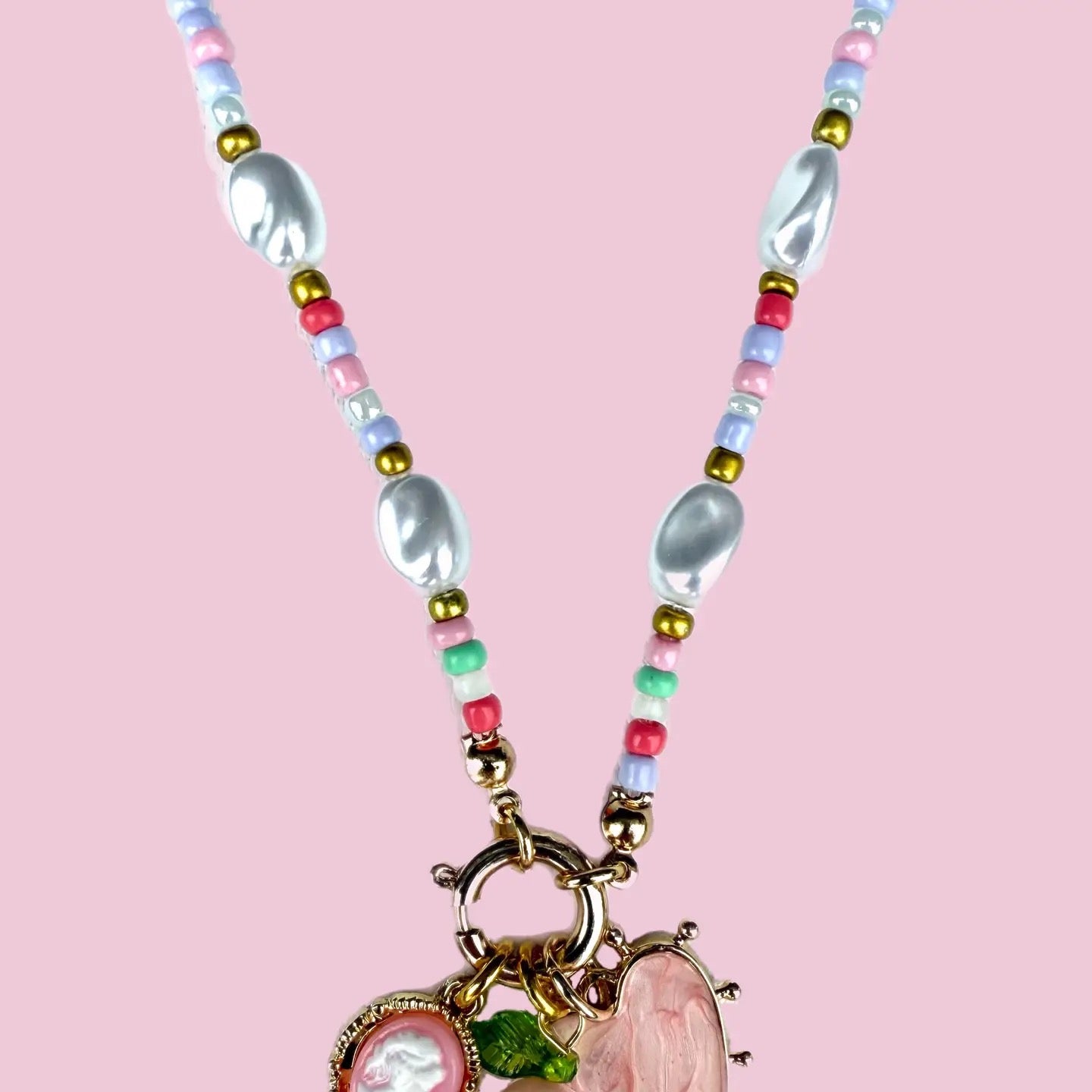 Beaded Pearl Floral Heart Necklace