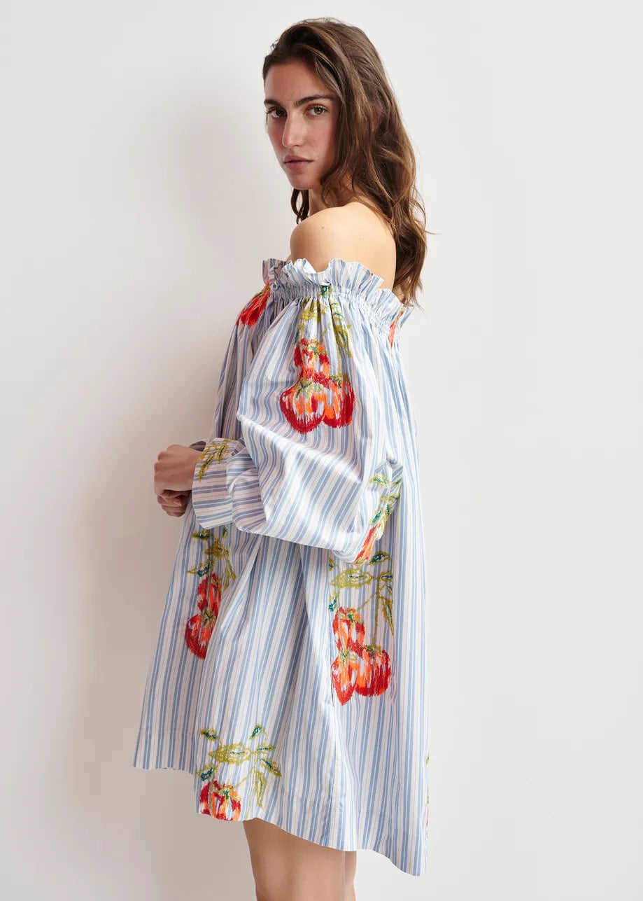 Blue and White Off Shoulder Floral Dress