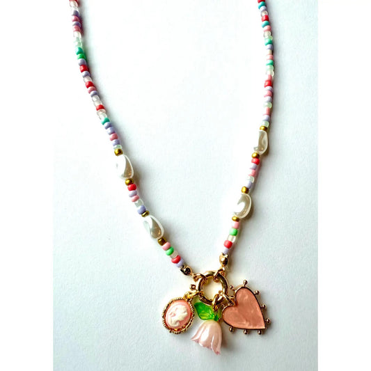 Beaded Pearl Floral Heart Necklace