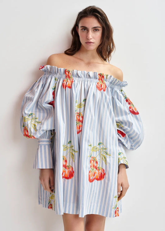 Blue and White Off Shoulder Floral Dress
