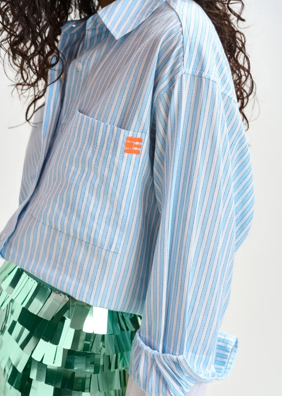 Blue and White Striped Cotton Shirt with Double Cuff