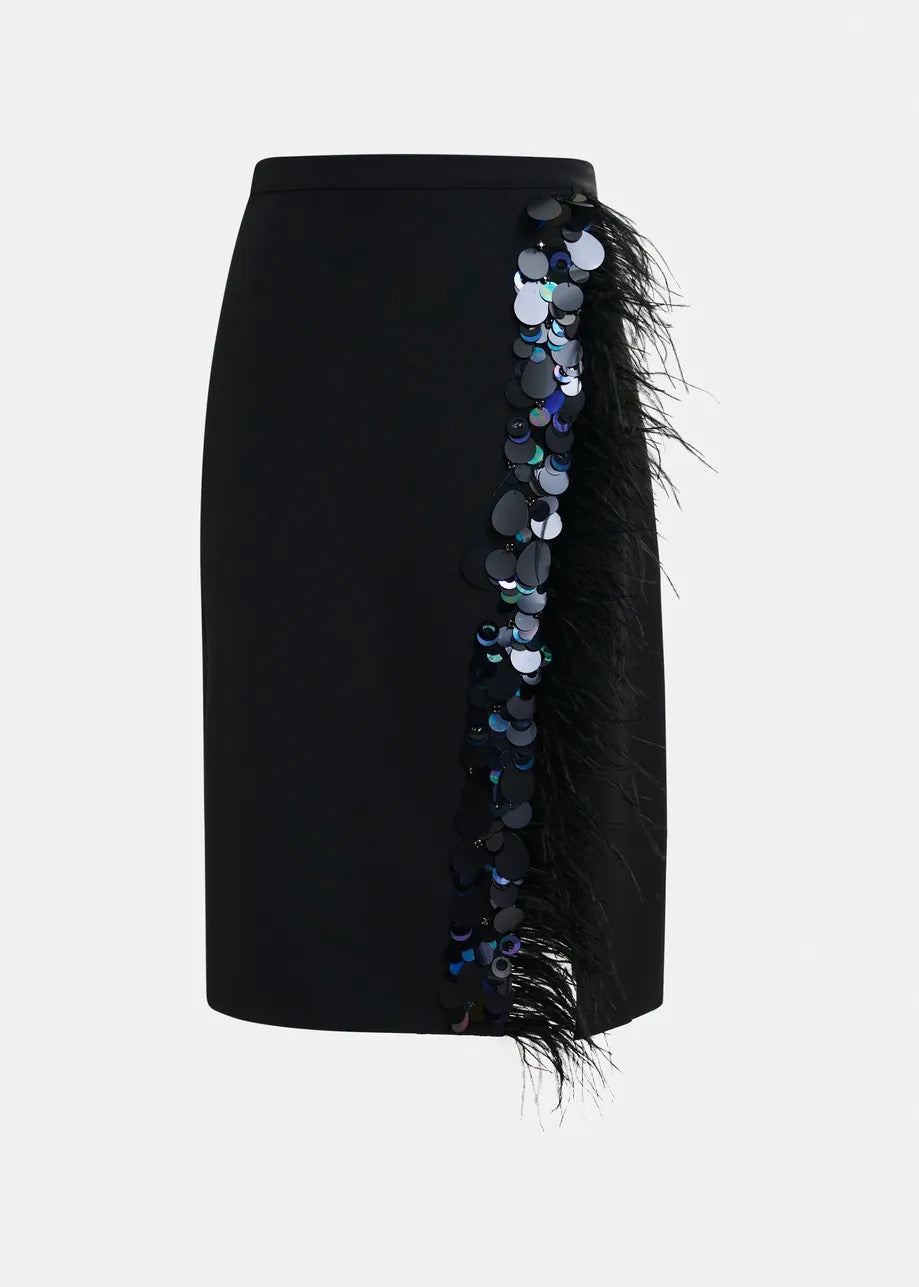 Feather Trimmed Midi Skirt